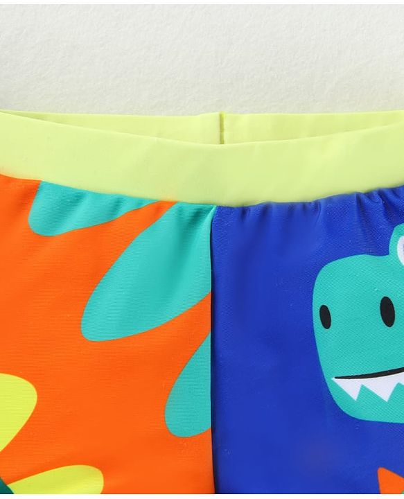 Babyhug Swimming Trunk & Cap with Dino Print - Green & Orange