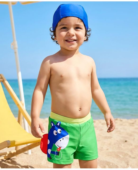 Babyhug Swimming Trunk & Cap with Horse Print - Green