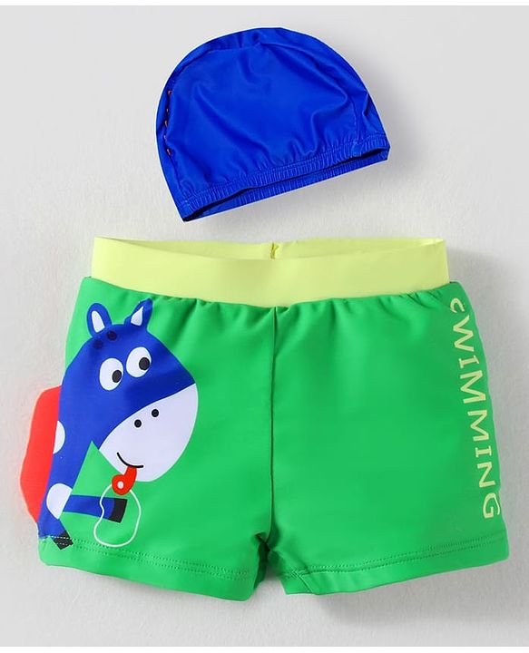Babyhug Swimming Trunk & Cap with Horse Print - Green