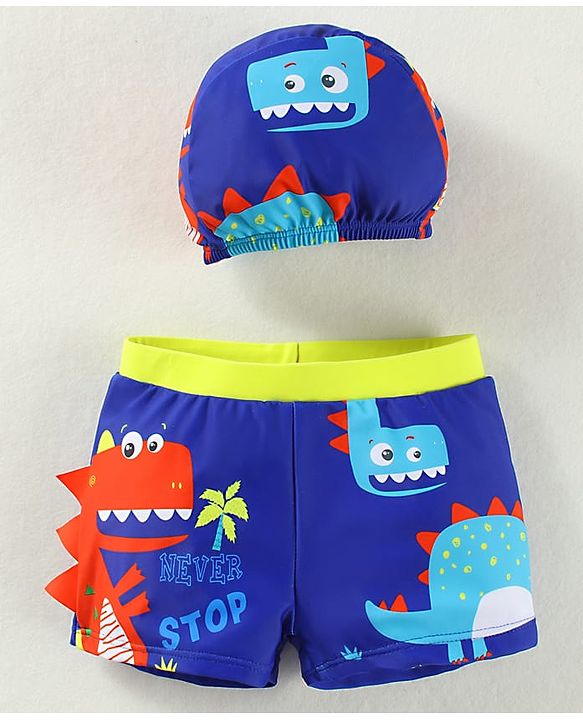 Babyhug Swimming Trunks & Cap with Dino Print - Blue