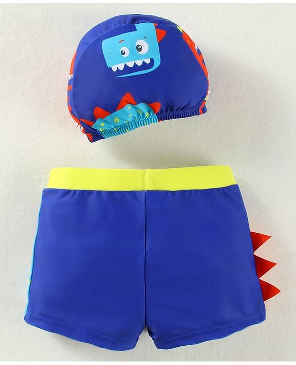 Babyhug Swimming Trunks & Cap with Dino Print - Blue