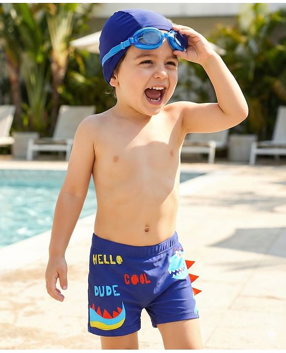 Babyhug Swimming Trunk & Cap with Dino Print - Navy Blue