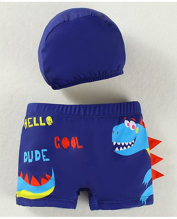 Babyhug Swimming Trunk & Cap with Dino Print - Navy Blue
