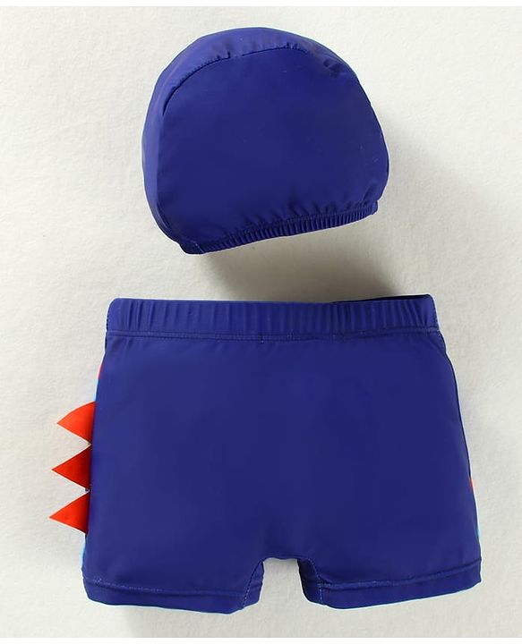 Babyhug Swimming Trunk & Cap with Dino Print - Navy Blue