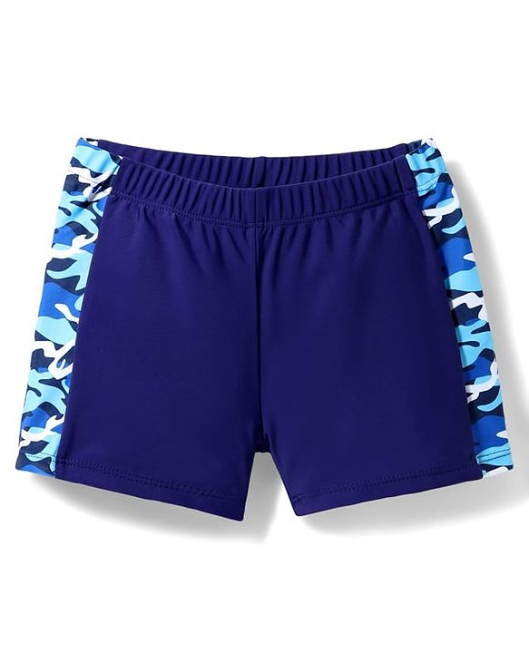 Pine Kids Mid Thigh Length Swimming Trunks with Cap Abstract Print - Navy Blue