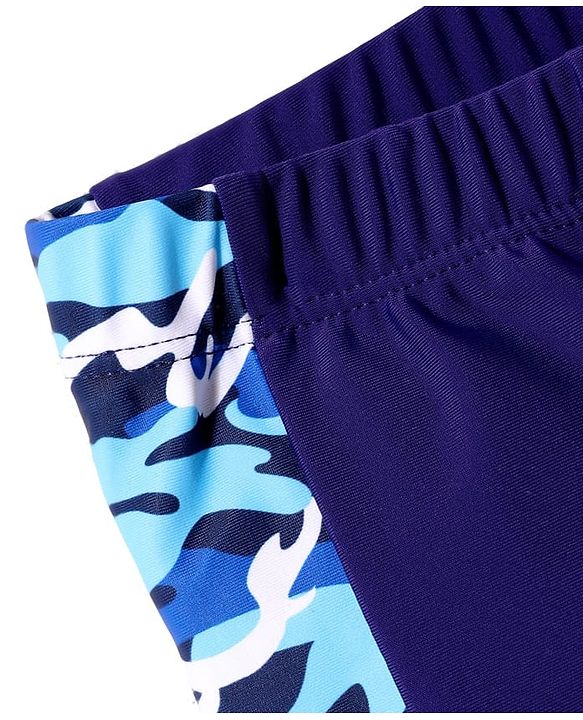 Pine Kids Mid Thigh Length Swimming Trunks with Cap Abstract Print - Navy Blue