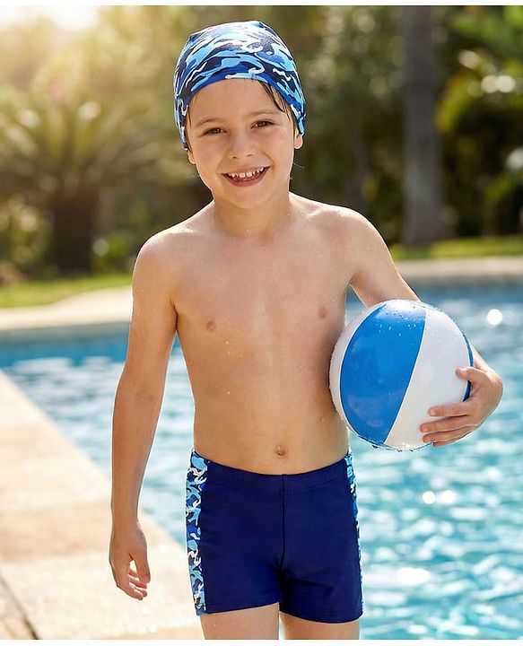 Pine Kids Mid Thigh Length Swimming Trunks with Cap Abstract Print - Navy Blue