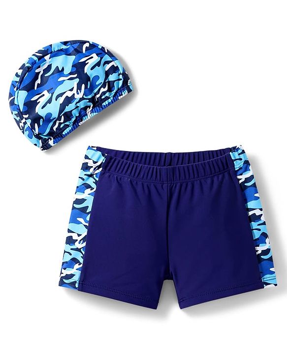 Pine Kids Mid Thigh Length Swimming Trunks with Cap Abstract Print - Navy Blue