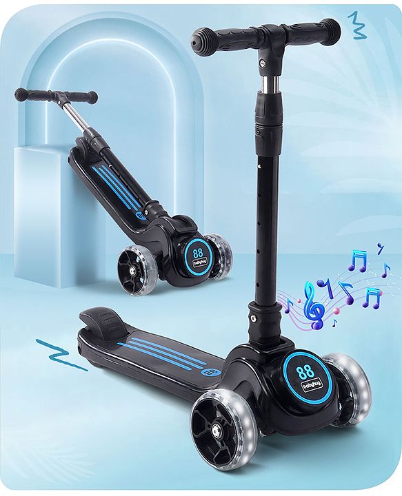 Babyhug 3 Wheel Blue & Black Foldable Kids Scooter With LED Wheels & Music|4 Level Adjustable|Non-Slip Wide Deck| 50 Kg Capacity| Lean to Steer Mechanism| Foot Brake| Easy Fold Design | No Assembly