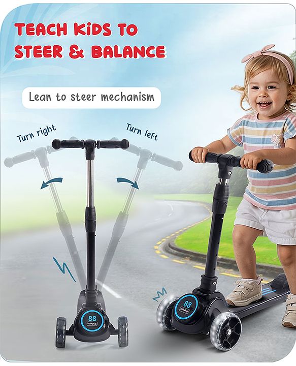 Babyhug 3 Wheel Blue & Black Foldable Kids Scooter With LED Wheels & Music|4 Level Adjustable|Non-Slip Wide Deck| 50 Kg Capacity| Lean to Steer Mechanism| Foot Brake| Easy Fold Design | No Assembly