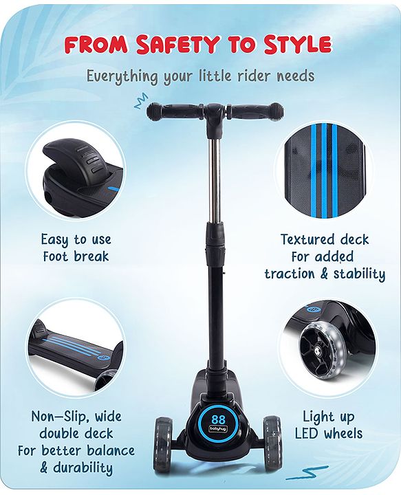 Babyhug 3 Wheel Blue & Black Foldable Kids Scooter With LED Wheels & Music|4 Level Adjustable|Non-Slip Wide Deck| 50 Kg Capacity| Lean to Steer Mechanism| Foot Brake| Easy Fold Design | No Assembly