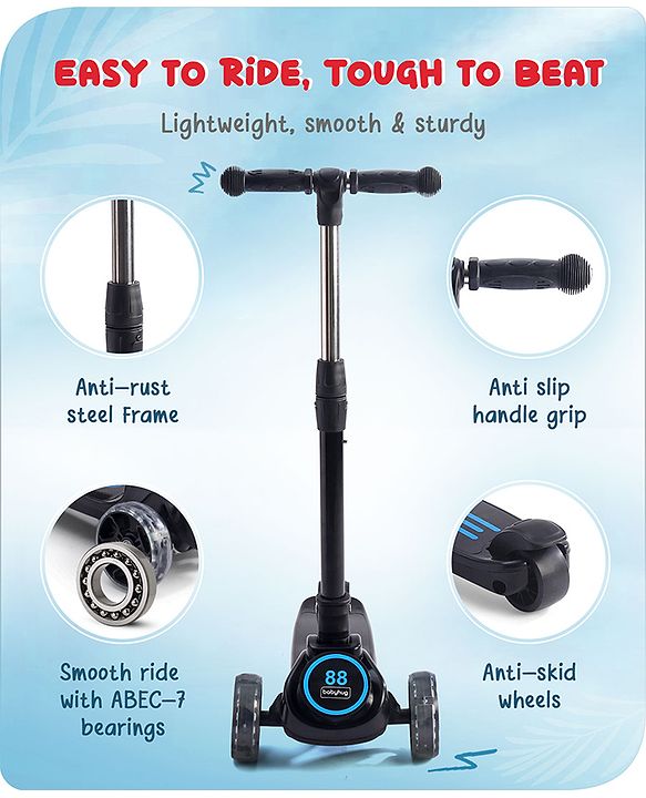 Babyhug 3 Wheel Blue & Black Foldable Kids Scooter With LED Wheels & Music|4 Level Adjustable|Non-Slip Wide Deck| 50 Kg Capacity| Lean to Steer Mechanism| Foot Brake| Easy Fold Design | No Assembly
