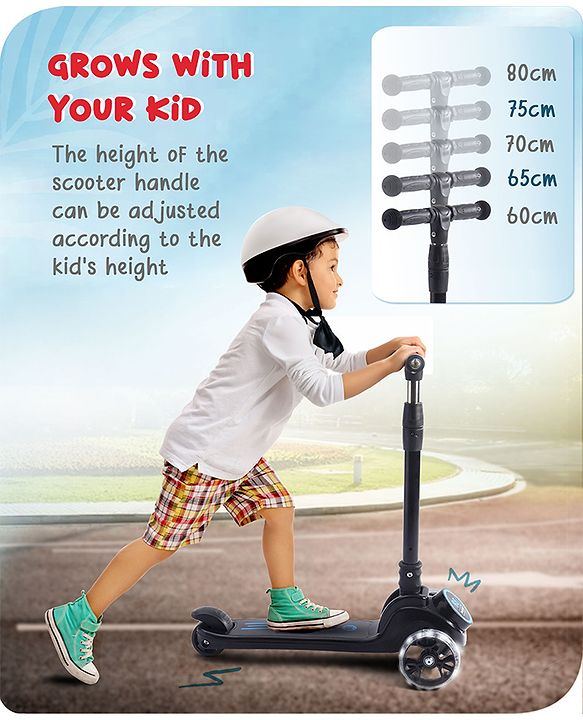 Babyhug 3 Wheel Blue & Black Foldable Kids Scooter With LED Wheels & Music|4 Level Adjustable|Non-Slip Wide Deck| 50 Kg Capacity| Lean to Steer Mechanism| Foot Brake| Easy Fold Design | No Assembly