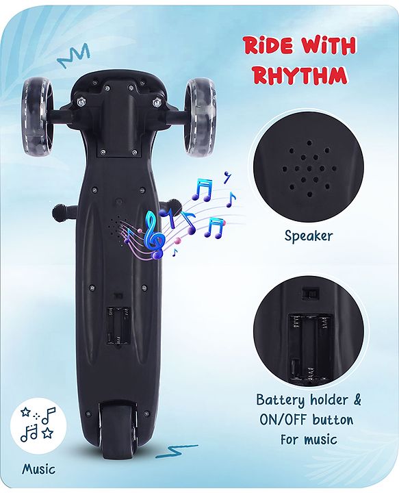 Babyhug 3 Wheel Blue & Black Foldable Kids Scooter With LED Wheels & Music|4 Level Adjustable|Non-Slip Wide Deck| 50 Kg Capacity| Lean to Steer Mechanism| Foot Brake| Easy Fold Design | No Assembly