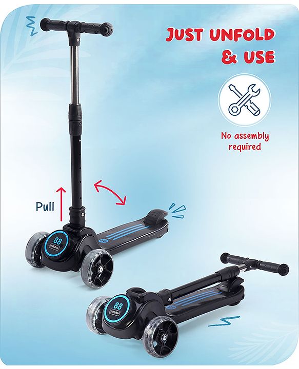 Babyhug 3 Wheel Blue & Black Foldable Kids Scooter With LED Wheels & Music|4 Level Adjustable|Non-Slip Wide Deck| 50 Kg Capacity| Lean to Steer Mechanism| Foot Brake| Easy Fold Design | No Assembly