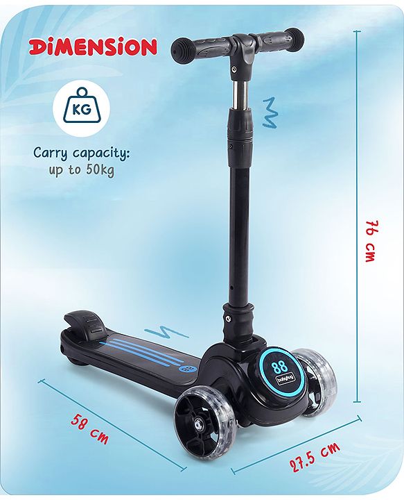 Babyhug 3 Wheel Blue & Black Foldable Kids Scooter With LED Wheels & Music|4 Level Adjustable|Non-Slip Wide Deck| 50 Kg Capacity| Lean to Steer Mechanism| Foot Brake| Easy Fold Design | No Assembly