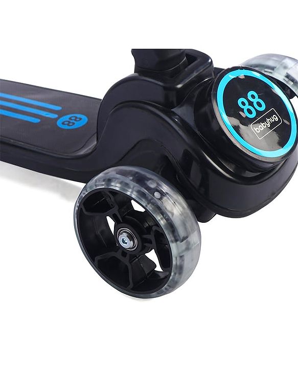Babyhug 3 Wheel Blue & Black Foldable Kids Scooter With LED Wheels & Music|4 Level Adjustable|Non-Slip Wide Deck| 50 Kg Capacity| Lean to Steer Mechanism| Foot Brake| Easy Fold Design | No Assembly