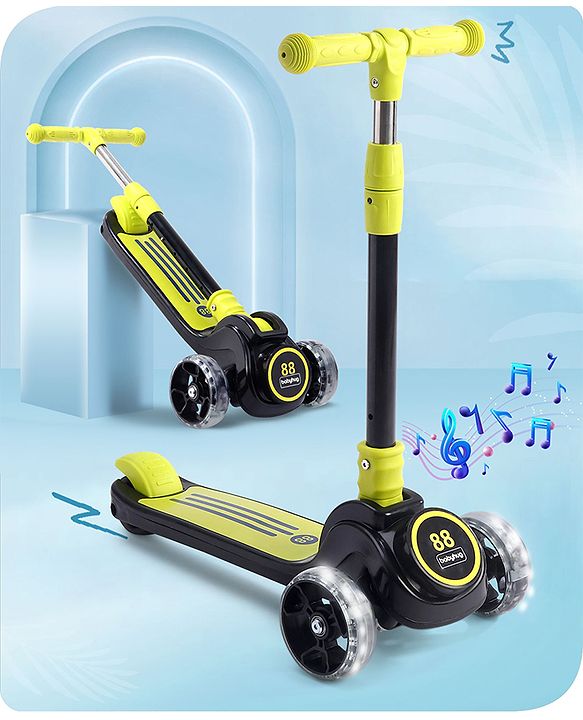 Babyhug 3 Wheel Yellow & Black Foldable Kids Scooter With LED Wheels & Music|4 Level Adjustable|Non-Slip Wide Deck| 50 Kg Capacity| Lean to Steer Mechanism| Foot Brake| Easy Fold Design | No Assembly