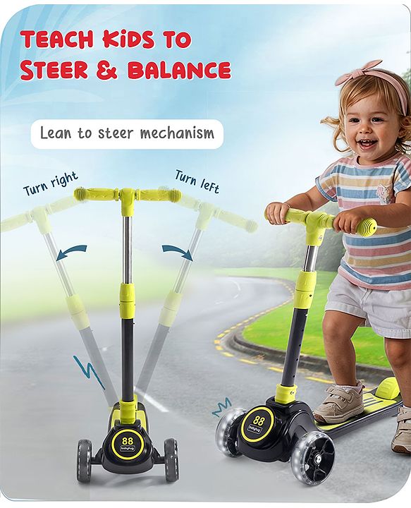 Babyhug 3 Wheel Yellow & Black Foldable Kids Scooter With LED Wheels & Music|4 Level Adjustable|Non-Slip Wide Deck| 50 Kg Capacity| Lean to Steer Mechanism| Foot Brake| Easy Fold Design | No Assembly