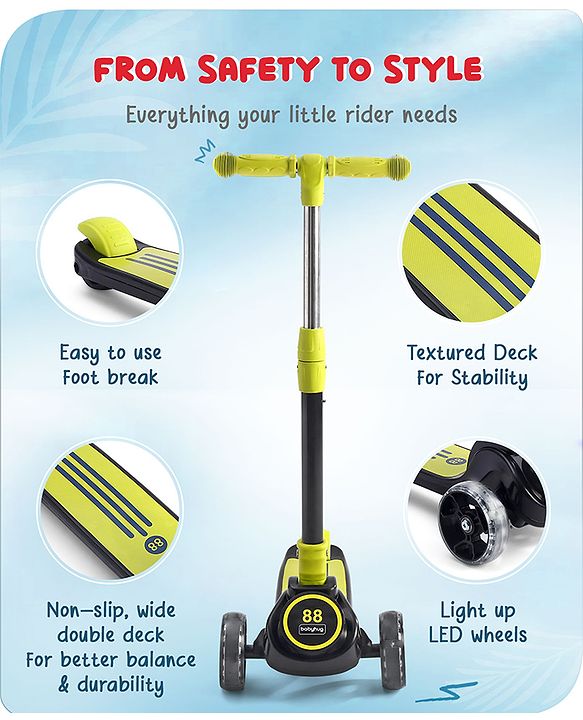 Babyhug 3 Wheel Yellow & Black Foldable Kids Scooter With LED Wheels & Music|4 Level Adjustable|Non-Slip Wide Deck| 50 Kg Capacity| Lean to Steer Mechanism| Foot Brake| Easy Fold Design | No Assembly