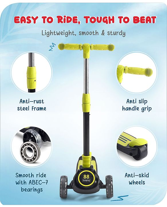 Babyhug 3 Wheel Yellow & Black Foldable Kids Scooter With LED Wheels & Music|4 Level Adjustable|Non-Slip Wide Deck| 50 Kg Capacity| Lean to Steer Mechanism| Foot Brake| Easy Fold Design | No Assembly