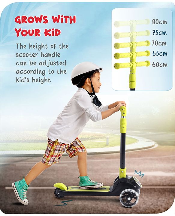 Babyhug 3 Wheel Yellow & Black Foldable Kids Scooter With LED Wheels & Music|4 Level Adjustable|Non-Slip Wide Deck| 50 Kg Capacity| Lean to Steer Mechanism| Foot Brake| Easy Fold Design | No Assembly