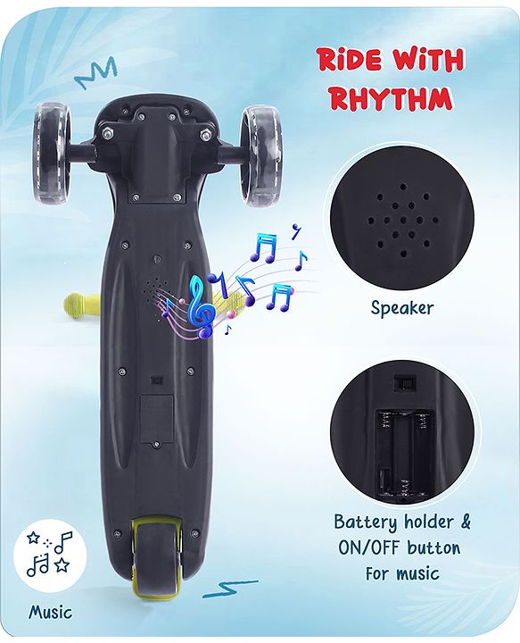 Babyhug 3 Wheel Yellow & Black Foldable Kids Scooter With LED Wheels & Music|4 Level Adjustable|Non-Slip Wide Deck| 50 Kg Capacity| Lean to Steer Mechanism| Foot Brake| Easy Fold Design | No Assembly