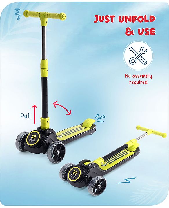 Babyhug 3 Wheel Yellow & Black Foldable Kids Scooter With LED Wheels & Music|4 Level Adjustable|Non-Slip Wide Deck| 50 Kg Capacity| Lean to Steer Mechanism| Foot Brake| Easy Fold Design | No Assembly