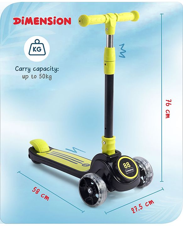 Babyhug 3 Wheel Yellow & Black Foldable Kids Scooter With LED Wheels & Music|4 Level Adjustable|Non-Slip Wide Deck| 50 Kg Capacity| Lean to Steer Mechanism| Foot Brake| Easy Fold Design | No Assembly