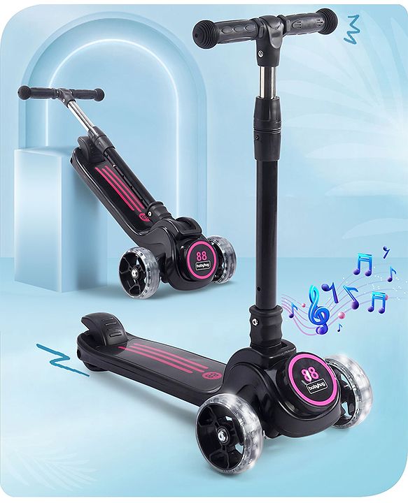 Babyhug 3 Wheel Pink & Black Foldable Kids Scooter With LED Wheels & Music|4 Level Adjustable|Non-Slip Wide Deck| 50 Kg Capacity| Lean to Steer Mechanism| Foot Brake| Easy Fold Design | No Assembly