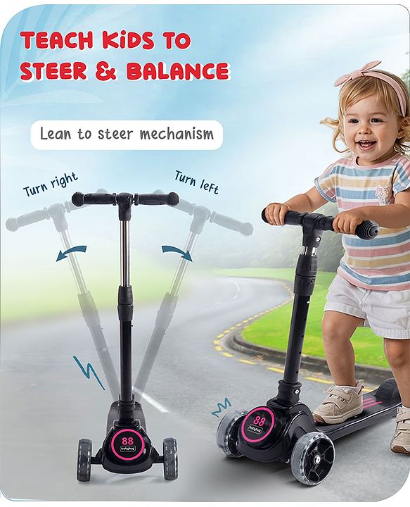 Babyhug 3 Wheel Pink & Black Foldable Kids Scooter With LED Wheels & Music|4 Level Adjustable|Non-Slip Wide Deck| 50 Kg Capacity| Lean to Steer Mechanism| Foot Brake| Easy Fold Design | No Assembly