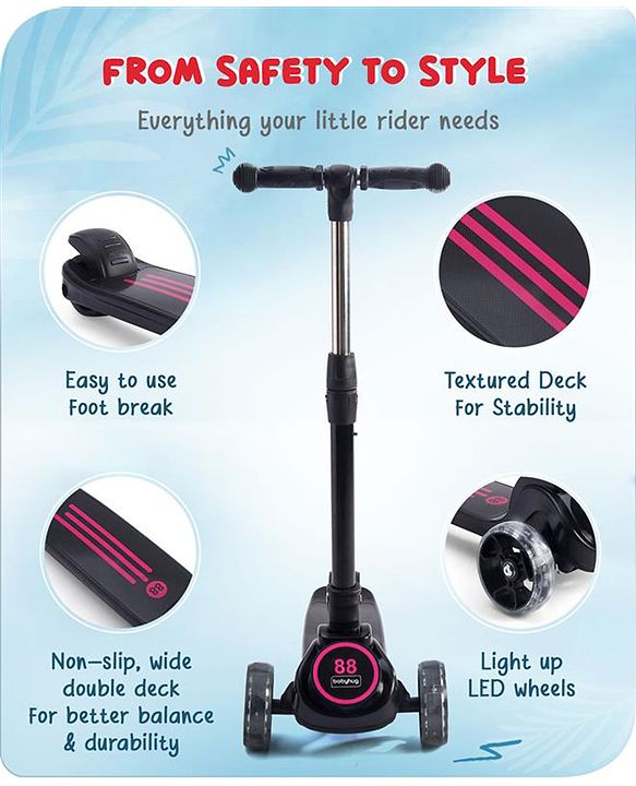 Babyhug 3 Wheel Pink & Black Foldable Kids Scooter With LED Wheels & Music|4 Level Adjustable|Non-Slip Wide Deck| 50 Kg Capacity| Lean to Steer Mechanism| Foot Brake| Easy Fold Design | No Assembly