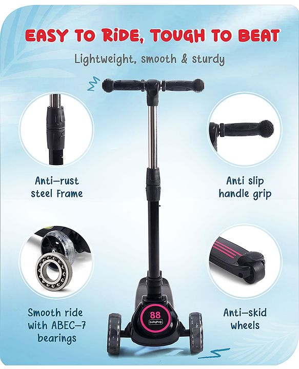 Babyhug 3 Wheel Pink & Black Foldable Kids Scooter With LED Wheels & Music|4 Level Adjustable|Non-Slip Wide Deck| 50 Kg Capacity| Lean to Steer Mechanism| Foot Brake| Easy Fold Design | No Assembly
