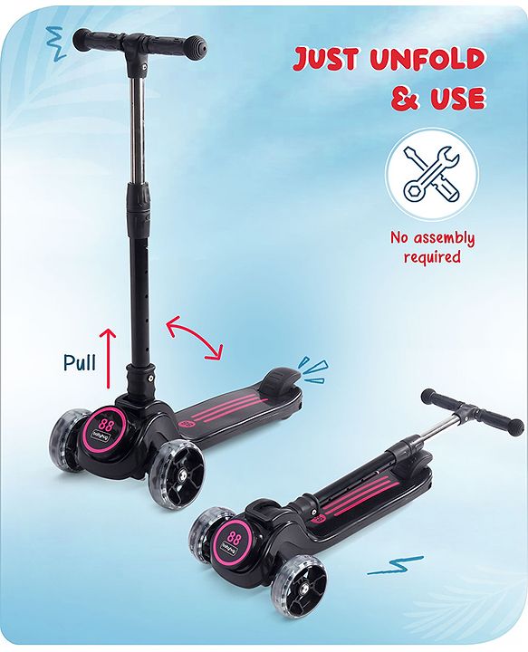 Babyhug 3 Wheel Pink & Black Foldable Kids Scooter With LED Wheels & Music|4 Level Adjustable|Non-Slip Wide Deck| 50 Kg Capacity| Lean to Steer Mechanism| Foot Brake| Easy Fold Design | No Assembly
