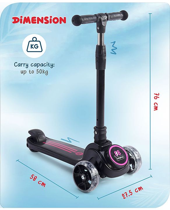 Babyhug 3 Wheel Pink & Black Foldable Kids Scooter With LED Wheels & Music|4 Level Adjustable|Non-Slip Wide Deck| 50 Kg Capacity| Lean to Steer Mechanism| Foot Brake| Easy Fold Design | No Assembly