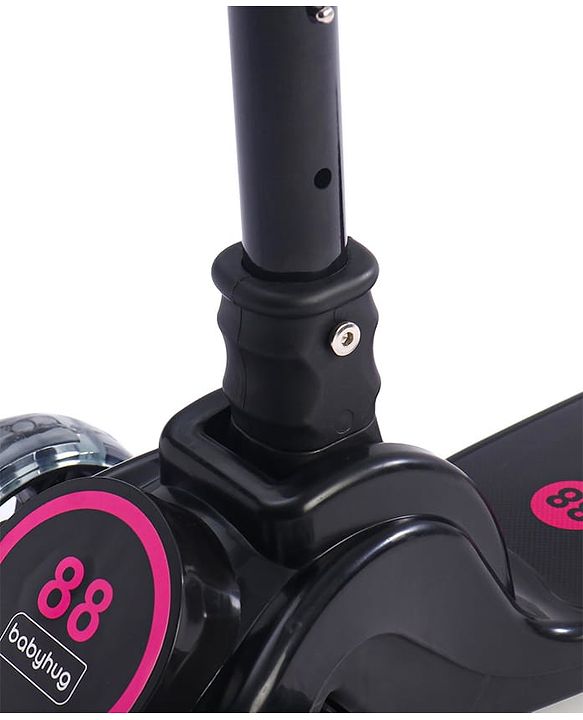 Babyhug 3 Wheel Pink & Black Foldable Kids Scooter With LED Wheels & Music|4 Level Adjustable|Non-Slip Wide Deck| 50 Kg Capacity| Lean to Steer Mechanism| Foot Brake| Easy Fold Design | No Assembly