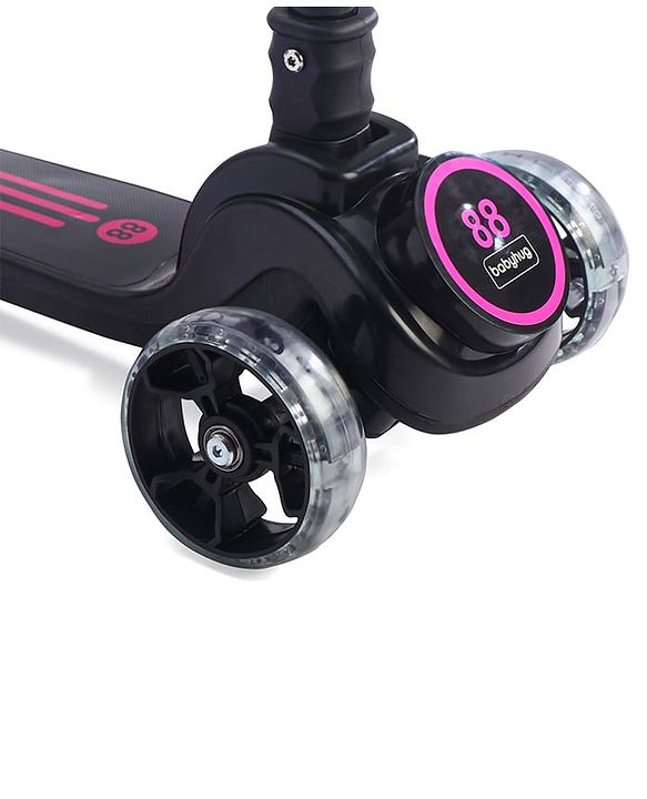 Babyhug 3 Wheel Pink & Black Foldable Kids Scooter With LED Wheels & Music|4 Level Adjustable|Non-Slip Wide Deck| 50 Kg Capacity| Lean to Steer Mechanism| Foot Brake| Easy Fold Design | No Assembly