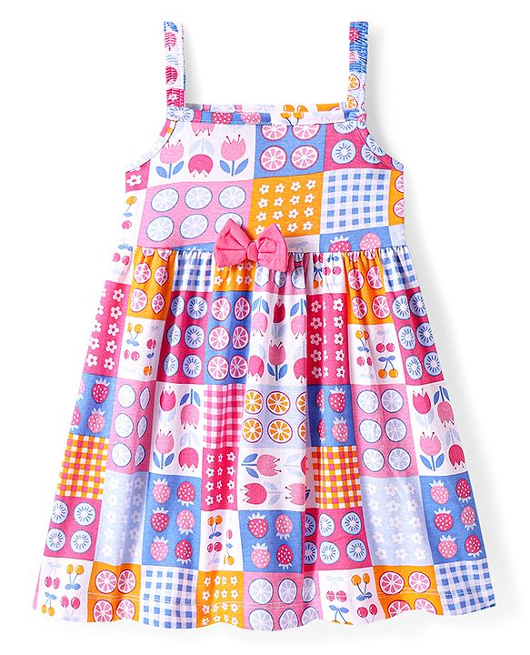 Babyhug Single Jersey Knit Sleeveless Dress With Fruit & Floral Print & Bow Applique - Multicolor