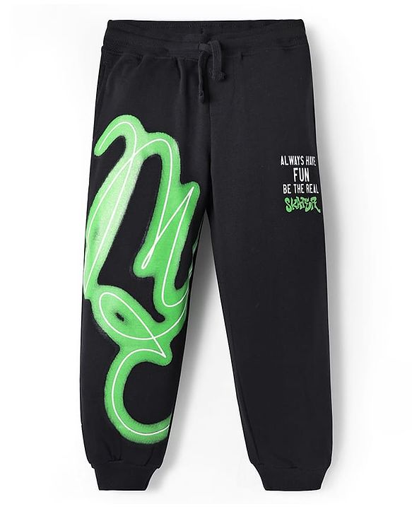 Pine Kids Cotton Knit Full Length Track Pants with Be The Real Skater Text Print - Black