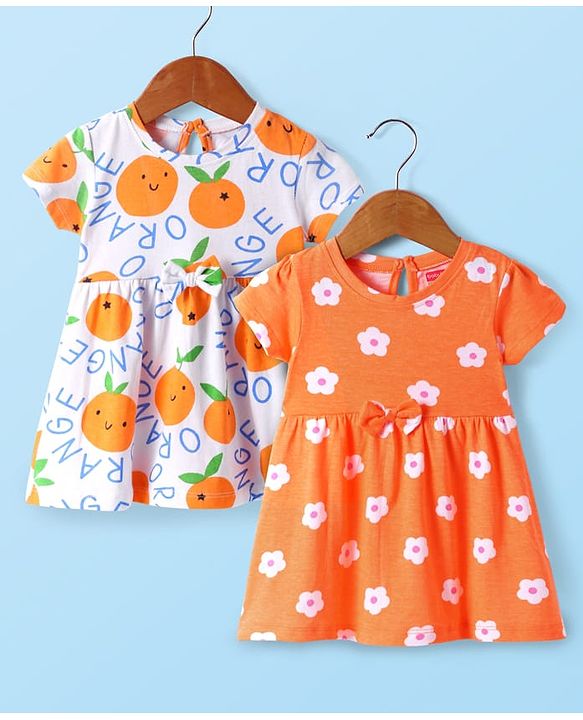 Babyhug Single Jersey Knit Half Sleeves Floral & Oranges Printed Frocks with Bow Applique Pack of 2 - Orange & White