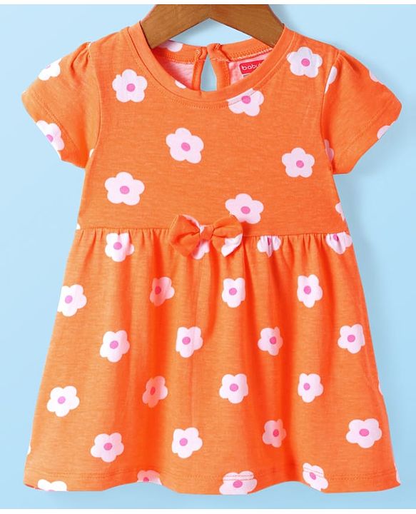 Babyhug Single Jersey Knit Half Sleeves Floral & Oranges Printed Frocks with Bow Applique Pack of 2 - Orange & White