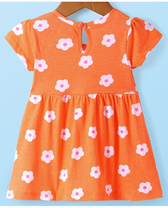 Babyhug Single Jersey Knit Half Sleeves Floral & Oranges Printed Frocks with Bow Applique Pack of 2 - Orange & White