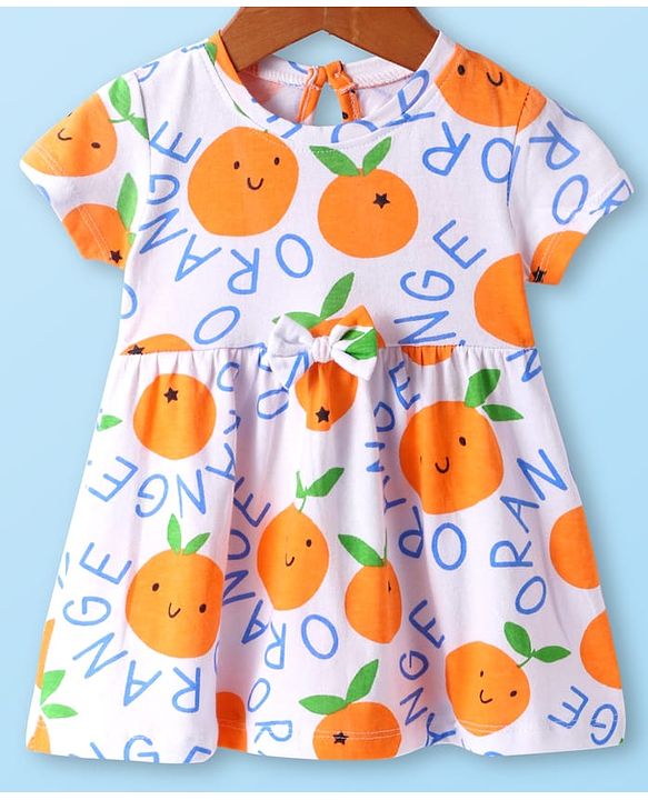 Babyhug Single Jersey Knit Half Sleeves Floral & Oranges Printed Frocks with Bow Applique Pack of 2 - Orange & White
