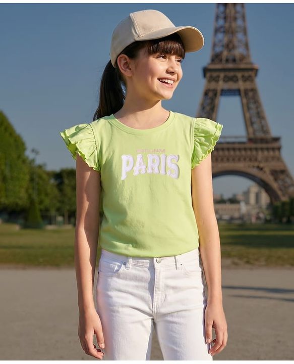 Pine Kids Cotton Knit Frill Sleeves Top with Paris Text Print - Light Green