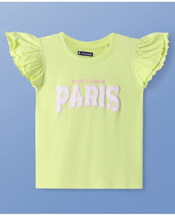 Pine Kids Cotton Knit Frill Sleeves Top with Paris Text Print - Light Green