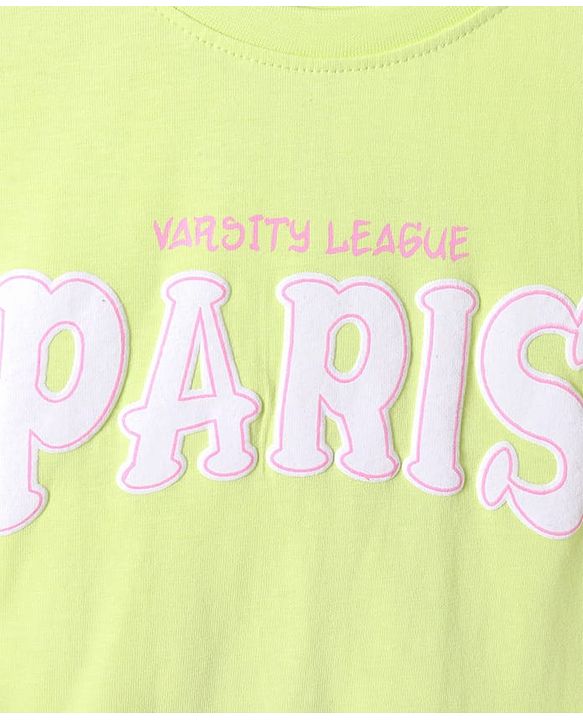 Pine Kids Cotton Knit Frill Sleeves Top with Paris Text Print - Light Green