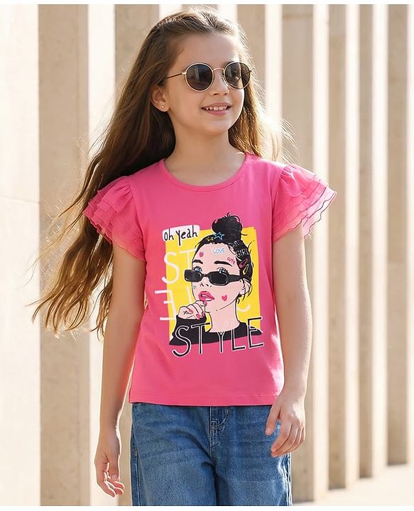 Pine Kids Cotton Knit Half Frill Sleeves Top with Girl Print - Dark Pink