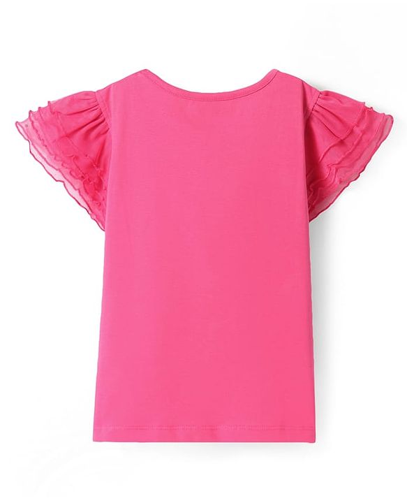 Pine Kids Cotton Knit Half Frill Sleeves Top with Girl Print - Dark Pink