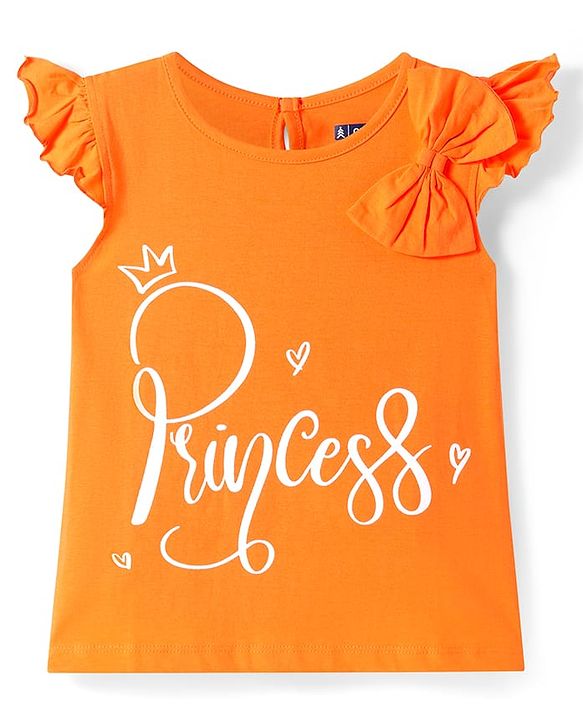 Pine Kids Cotton Knit Frill Sleeves Top with Princess Text & Bow Applique - Orange