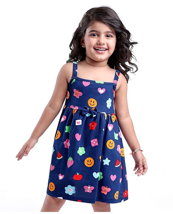 Babyhug Single Jersey Knit Singlet Frock with Floral & Heart Print Bow Applique - Navy Blue